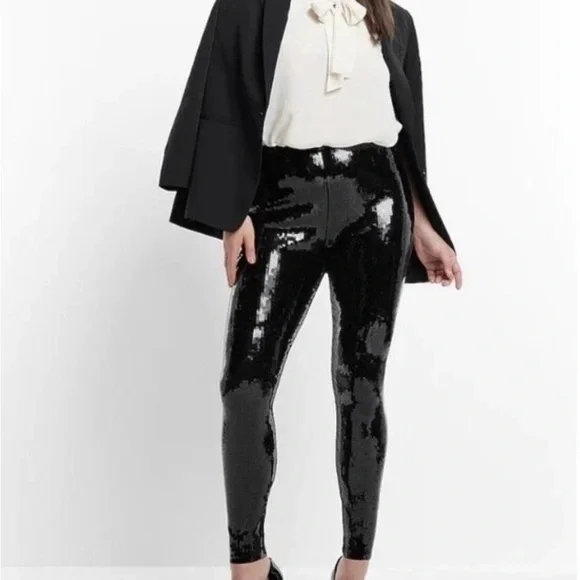 Express Shimmering Black Sequin Leggings - Picture 2 of 4